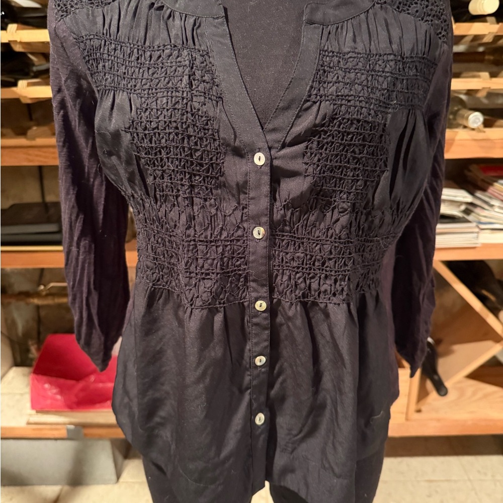 Meadow Rue for Anthropologie‎ Black Smocked Button-Down Blouse